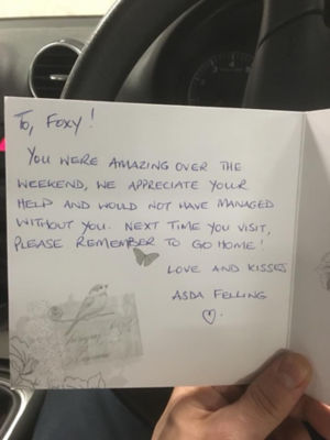 Asda Ferring colleague Wendy Cummings wrote a thank you letter to Foxy