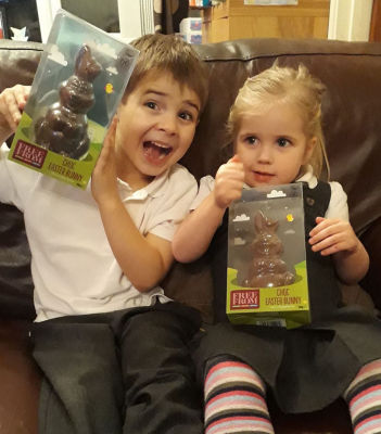 George and Isabella with their Asda Free From Choc Easter Bunnies