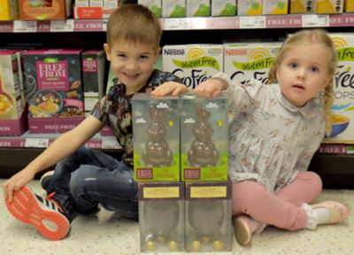 George and Isabella with the Free From Choc Easter Bunnies at Asda Stockton