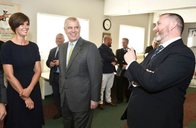 The Duke of York with Polly Jones from Asda and Chris Gillan of Heroes Vodka