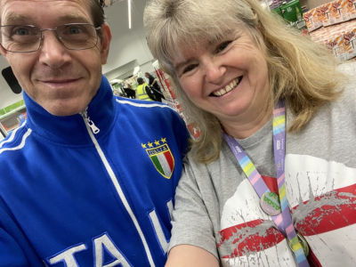 Leigh Dodds and Fabrizio Facchini from Asda Eastleigh support England and Italy at Euro 2020