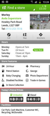 Fuel prices on the Asda mobile app