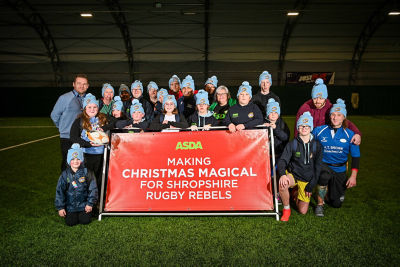 Asda Donnington Wood Christmas magical moment with Shropshire Rugby Rebels and Jason Robinson