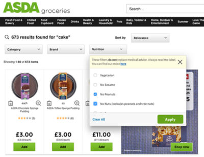 Asda's website now features nutritional filters for people with allergies and dietary requirements