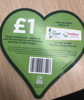 Pick up a green heart voucher at Asda to donate £1 to The Trussell Trust and FareShare