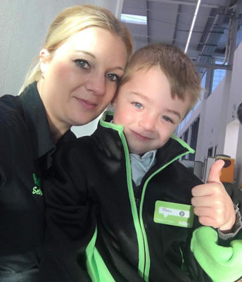 Mr Asda Theo Cook and his mum Charlie at Asda St Leonards