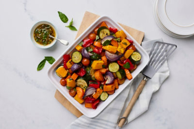 Vegetable tray bake with garlic sauce 