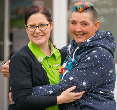 Asda Warrington community champion Liz with Ames from Hapi Hub